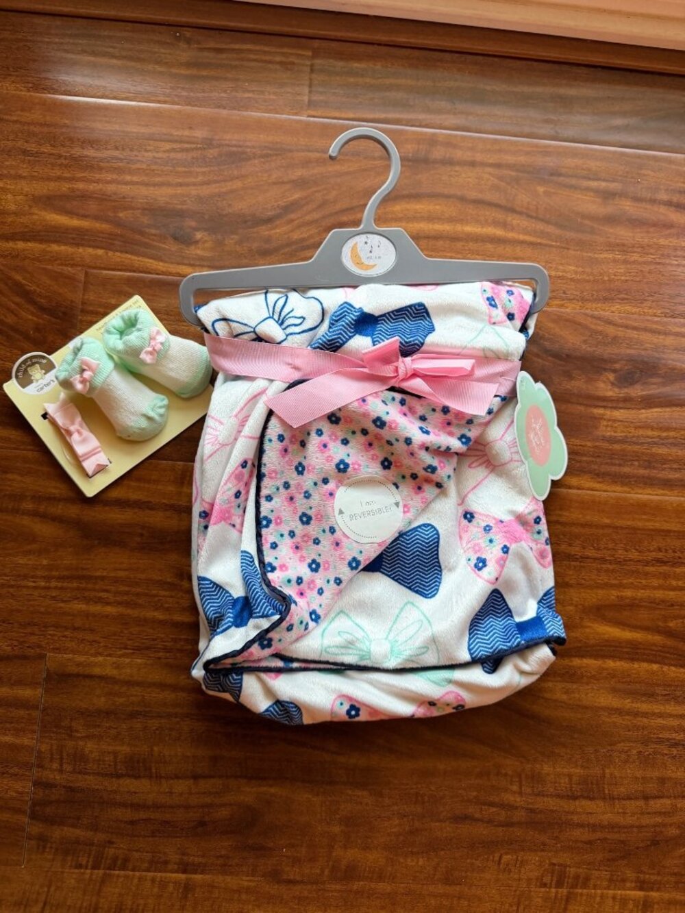 Sweet Lullaby Reversible Baby Blanket With Bow & Floral Pattern + Headband & Boo